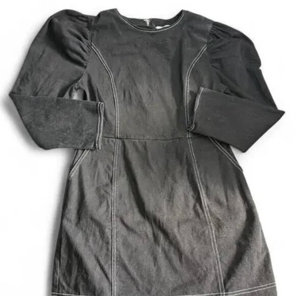 STELEN Black Denim Mini Dress with Puffy Sleeves and Contrast Stitching- Large - Picture 1 of 4